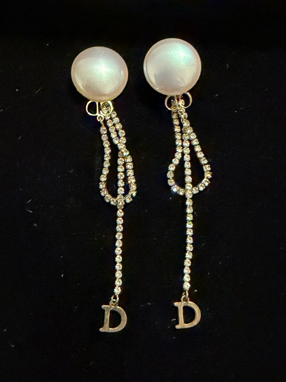 CD Gold and Pearl Dangle Earrings with D Charm - Women Jewelry - Picture 2 of 5